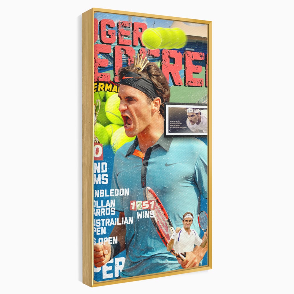 Tablou canvas cu tablou canvas cu roger federer si racheta de tenis, in rama de aluminiu auriu
